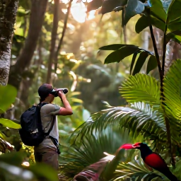 Caribbean Holidays, Jamaica Birdwatching May, A colourful Jamaican forest at dawn, with a birdwatcher quietly observing tropical birds among lush green foliage