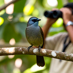 Caribbean Holidays, Jamaica Birdwatching May, A Jamaican tody perched on a branch in a sunlit forest, with a birdwatcher holding binoculars in the background