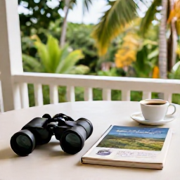 Caribbean Holidays, Jamaica Birdwatching May, A relaxed Jamaican veranda overlooking tropical gardens, with binoculars, a field guide and a cup of coffee on a table