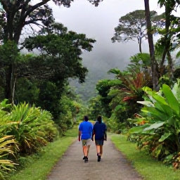 Caribbean Holidays, Jamaica Birdwatching May, Birdwatchers walking along a quiet trail in the Blue Mountains of Jamaica, surrounded by misty forest and tropical vegetation