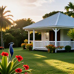 Caribbean Holidays, Jamaica Birdwatching, Peaceful Jamaican garden with flowering plants, a small veranda and a birdwatcher enjoying the morning