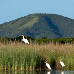 Caribbean Holidays, Jamaica Birdwatching, Peaceful Jamaican wetland with herons and egrets among reeds, backed by green hills and blue sky