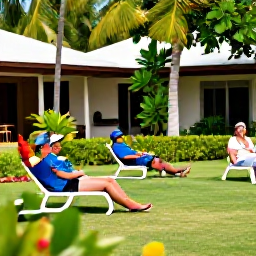Caribbean Holidays, Jamaica Birdwatching, Relaxed birdwatchers observing colourful birds in a peaceful Jamaican garden near a holiday hotel