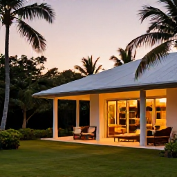 Caribbean Holidays, Jamaica Birdwatching, Relaxed Caribbean evening at a Jamaican hotel after a day of birdwatching, with tropical garden, comfortable terrace and warm sunset light