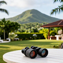 Caribbean Holidays, Jamaica Birdwatching, Relaxing Jamaican garden overlooking tropical hills after a morning of birdwatching, with binoculars resting on a table