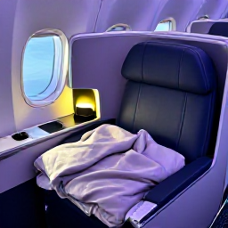 Caribbean Holidays, Jamaica Business Class, A business class passenger sleeping comfortably in a fully reclining seat during a night flight towards Jamaica, with a soft blanket and reading light