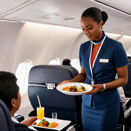Caribbean Holidays, Jamaica Business Class, A friendly cabin crew serving an attractive meal and drinks to a passenger in a business class seat on a flight to Jamaica