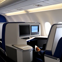 Caribbean Holidays, Jamaica Business Class, A modern business class aircraft cabin with spacious lie-flat seats, soft lighting and a traveller relaxing before a flight to Jamaica