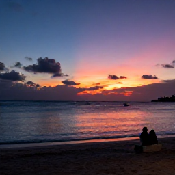 Caribbean Holidays, Jamaica Business Class, A relaxed evening on a Jamaican beach with a colourful sunset, calm sea and travellers enjoying the final light of day