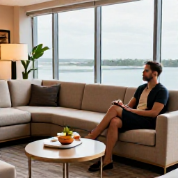 Caribbean Holidays, Jamaica Business Class, A relaxed traveller enjoying an elegant airport lounge with comfortable seating, refreshments and large windows before a Jamaica flight