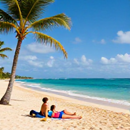 Caribbean Holidays, Jamaica Business Class, A sunny Jamaican beach in April with turquoise water, palm trees and a couple relaxing on warm golden sand