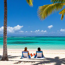 Caribbean Holidays, Jamaica Business Class, A sunny Jamaican beach with clear turquoise water, palm trees and a couple relaxing after arriving on a business class holiday