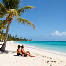 Caribbean Holidays, Jamaica Business Class, Beautiful Jamaican beach in June with clear turquoise water, palm trees and a relaxed couple under the sun