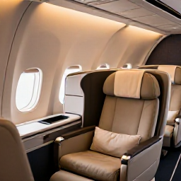Caribbean Holidays, Jamaica Business Class, Business class aircraft cabin with comfortable lie-flat seats, warm lighting and a traveller beginning a Jamaica holiday