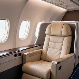Caribbean Holidays, Jamaica Business Class, Business class cabin on a modern aircraft, comfortable lie-flat seat, warm Caribbean-inspired details and soft morning light