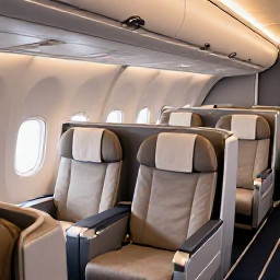 Caribbean Holidays, Jamaica Business Class, Business class cabin on a modern aircraft, comfortable wide seats, warm lighting and attentive service