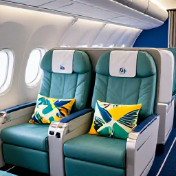 Caribbean Holidays, Jamaica Business Class, Business class cabin with spacious seats, tropical travel details and a subtle Jamaica-inspired colour palette