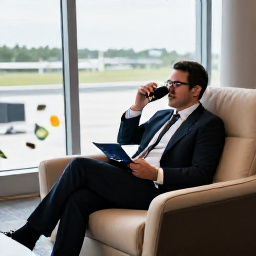 Caribbean Holidays, Jamaica Business Class, Business class passenger relaxing in an airport lounge before a December flight to Jamaica