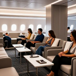 Caribbean Holidays, Jamaica Business Class, Business class travellers relaxing in a comfortable airport lounge before a flight to Jamaica, modern travel photography