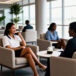 Caribbean Holidays, Jamaica Business Class, Business class travellers relaxing in a comfortable airport lounge before flying to Jamaica
