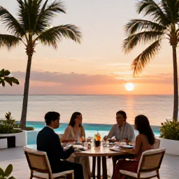 Caribbean Holidays, Jamaica Business Class, Elegant beachfront resort in Jamaica at sunset, with a stylish terrace, palm trees, calm sea and guests enjoying dinner outdoors
