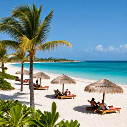 Caribbean Holidays, Jamaica Business Class, Elegant beachfront resort in Jamaica in July, turquoise sea, white sand, palm trees and guests relaxing under shaded umbrellas