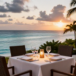 Caribbean Holidays, Jamaica Business Class, Elegant evening dinner on a Jamaican resort terrace overlooking the sea