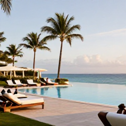 Caribbean Holidays, Jamaica Business Class, Elegant Jamaican beachfront resort with palm-lined pool, comfortable sun loungers and guests enjoying a calm August afternoon