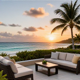 Caribbean Holidays, Jamaica Business Class, Elegant Jamaican resort terrace overlooking the Caribbean Sea at sunset, with comfortable seating and tropical surroundings