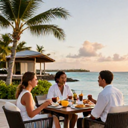Caribbean Holidays, Jamaica Business Class, Elegant Jamaican resort terrace overlooking the sea, with a couple enjoying breakfast and a tropical morning view
