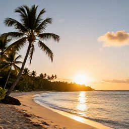 Caribbean Holidays, Jamaica Business Class, Golden sunset over a Jamaican beach with calm turquoise water and palm trees