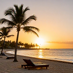 Caribbean Holidays, Jamaica Business Class, Golden sunset over a Jamaican beach with palm trees, calm sea and a comfortable beachfront resort in the background