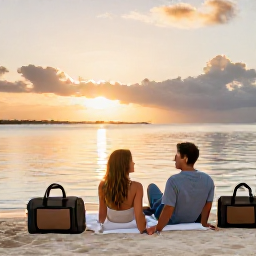 Caribbean Holidays, Jamaica Business Class, Happy couple relaxing on a Jamaican beach at sunset, with comfortable travel bags nearby and calm Caribbean water