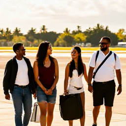 Caribbean Holidays, Jamaica Business Class, Happy travellers arriving at a Jamaican airport after a business class flight, greeted by warm sunshine and a welcoming tropical landscape