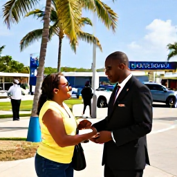 Caribbean Holidays, Jamaica Business Class, Jamaican airport arrival with friendly staff, palm trees, bright tropical sunshine and travellers beginning a relaxed holiday