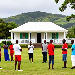 Caribbean Holidays, Jamaica Business Class, Jamaican travel scene showing a guided visit to a historic plantation house, tropical hills, local culture and friendly visitors exploring respectfully