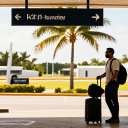 Caribbean Holidays, Jamaica Business Class, Relaxed traveller arriving at a modern Jamaican airport, with palm trees and warm June sunshine outside