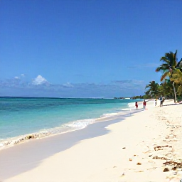 Caribbean Holidays, Jamaica Business Class, Sunlit Jamaican beach in May with turquoise sea, soft white sand, palm trees and a few relaxed holidaymakers