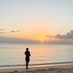 Caribbean Holidays, Jamaica Business Class, Traveller enjoying a Jamaican beach sunset after a comfortable business class journey, calm sea and warm evening colours