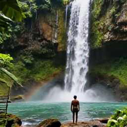 Caribbean Holidays, Jamaica Business Class, Traveller exploring Dunn's River Falls near Ocho Rios, Jamaica, surrounded by lush tropical greenery and clear flowing water