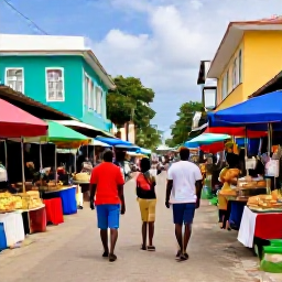 Caribbean Holidays, Jamaica Business Class, Travellers exploring a Jamaican market and historic street, with colourful buildings, local food and friendly atmosphere