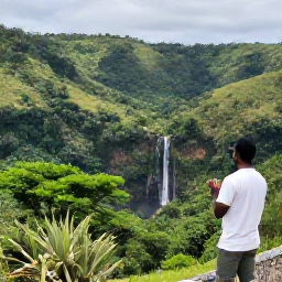 Caribbean Holidays, Jamaica Business Class, Visitors exploring Jamaican landscape with lush hills, a waterfall and a local guide in natural surroundings