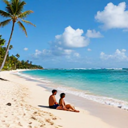Caribbean Holidays, Jamaica Business Class, Warm March afternoon on a Jamaican beach with clear turquoise water, pale sand, palm trees and a relaxed couple enjoying the shoreline