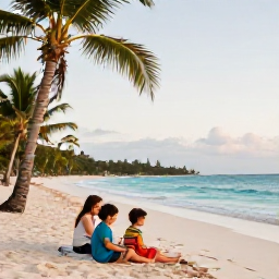 Caribbean Holidays, Jamaica Christmas Holidays, A happy family relaxing on a sunny Jamaican beach in December, turquoise sea, soft white sand, palm trees and gentle afternoon light