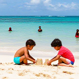 Caribbean Holidays, Jamaica Christmas Holidays, Children building sandcastles and parents swimming in calm clear water at a family-friendly Jamaican beach, bright tropical sunshine