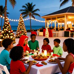 Caribbean Holidays, Jamaica Christmas Holidays, Family enjoying a Jamaican Christmas celebration at a beachfront resort, colourful decorations, local food and gentle evening lights