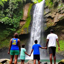 Caribbean Holidays, Jamaica Christmas Holidays, Family exploring Dunn's River Falls in Jamaica, holding hands on the cascading rocks surrounded by lush green tropical forest