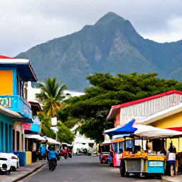 Caribbean Holidays, Jamaica City Breaks, Bustling Kingston street scene in September, with colourful buildings, local food stalls, tropical greenery and distant Blue Mountains