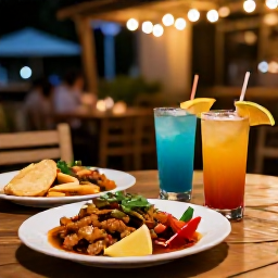 Caribbean Holidays, Jamaica City Breaks, Colourful Jamaican dishes and tropical drinks served at an outdoor Kingston restaurant during a warm evening