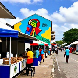 Caribbean Holidays, Jamaica City Breaks, Colourful Kingston market street with local food stalls, murals, musicians and visitors exploring in daylight